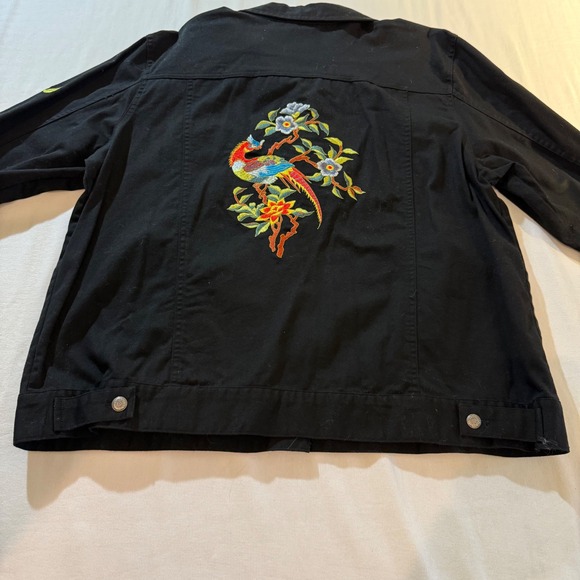 Yi Lin Black Embroidered Bird‎ Floral Denim Jacket Women's Size L - Picture 3 of 12